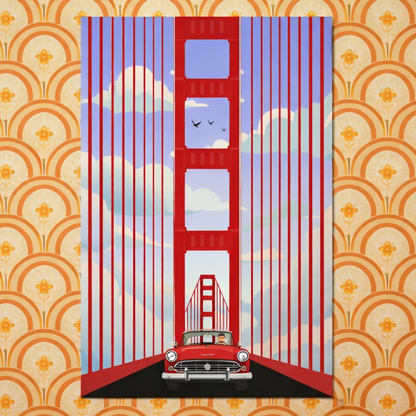 Vertical photography poster of a classic vintage red car driving across the orange Golden Gate Bridge in San Francisco under a clear blue sky.