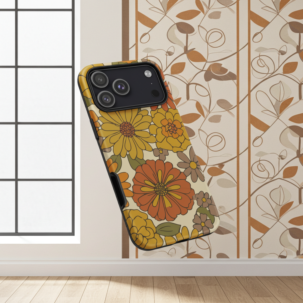 A flexible TPU iPhone case featuring a seamless retro groovy floral pattern with warm orange, yellow, and cream daisies.