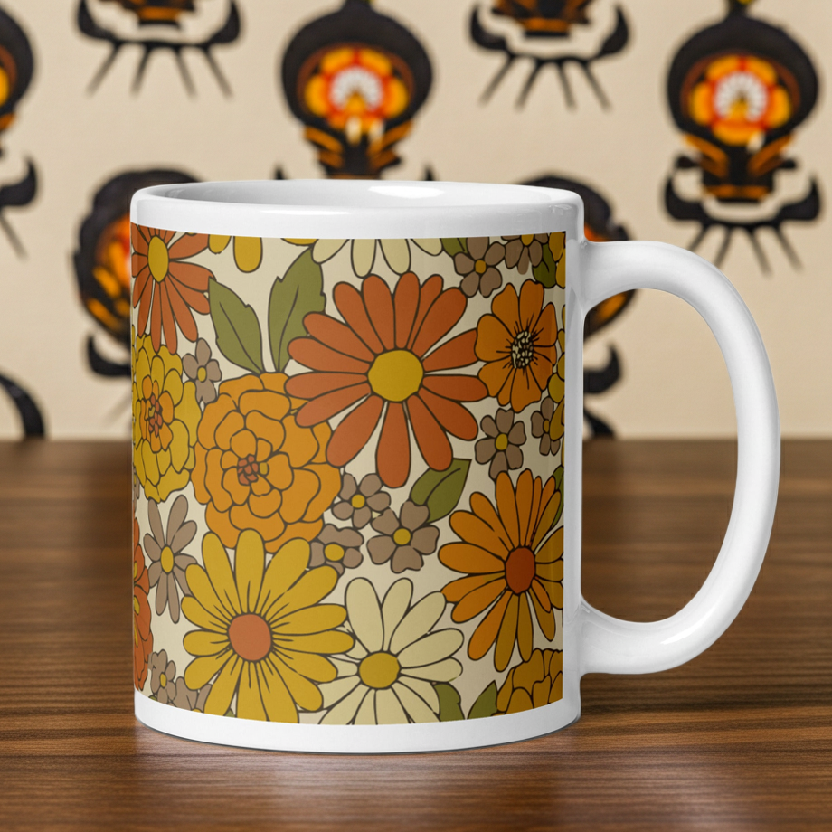 A ceramic coffee mug featuring a seamless retro groovy floral pattern with warm orange, yellow, and cream daisy blooms.