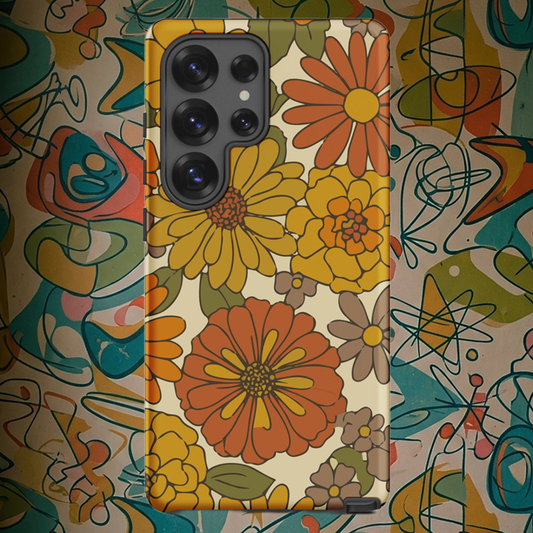 A flexible TPU Samsung Galaxy case featuring a seamless retro groovy floral pattern with warm orange and yellow daisies.