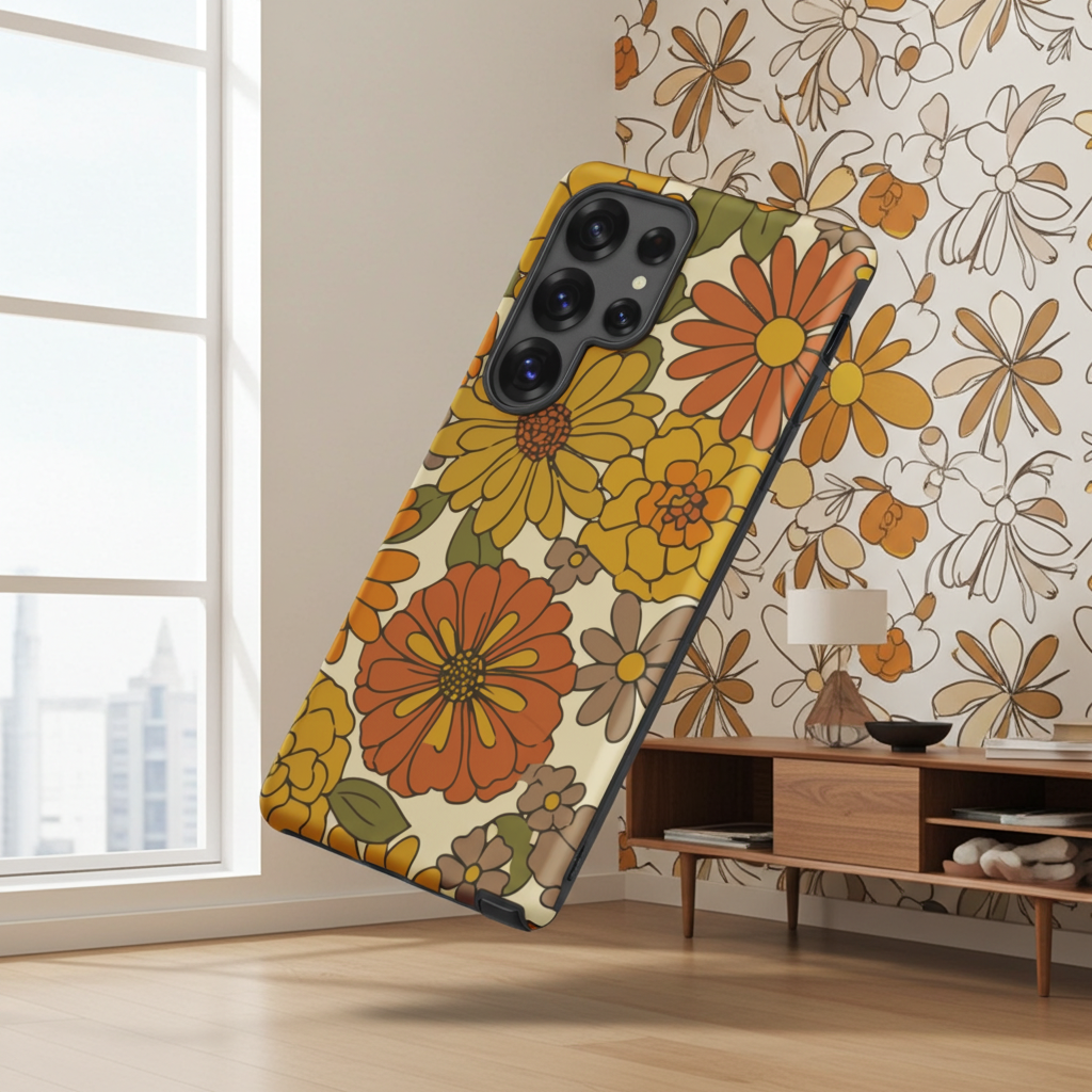 A flexible TPU Samsung Galaxy case featuring a seamless retro groovy floral pattern with warm orange and yellow daisies.
