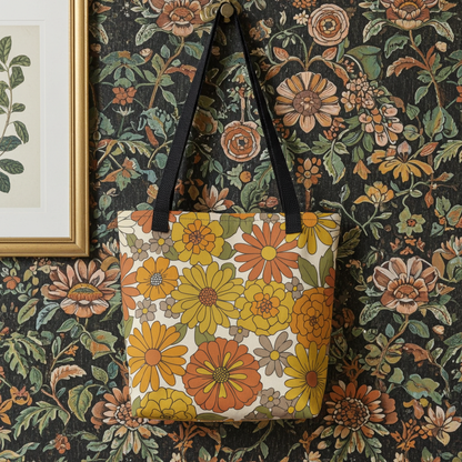 All-over retro floral pattern tote bag in warm mustard yellow, burnt orange, and green flower power design.