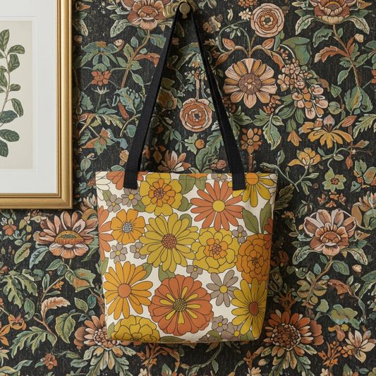 All-over retro floral pattern tote bag in warm mustard yellow, burnt orange, and green flower power design.