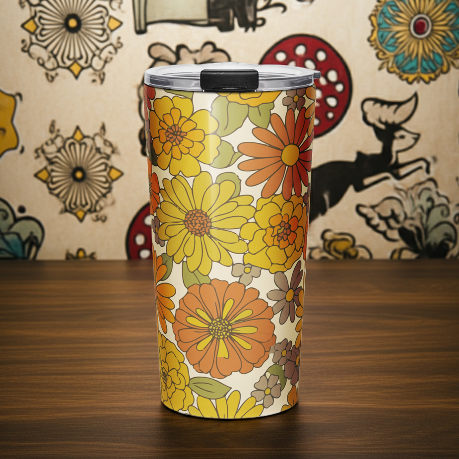 A stainless steel travel tumbler featuring a seamless retro groovy floral pattern with warm orange and yellow daisy blooms.