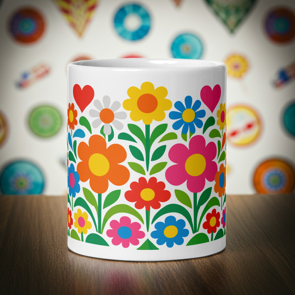 Vibrant 70s retro flower power bouquet with colorful blooms and pink and red hearts on a white ceramic mug.