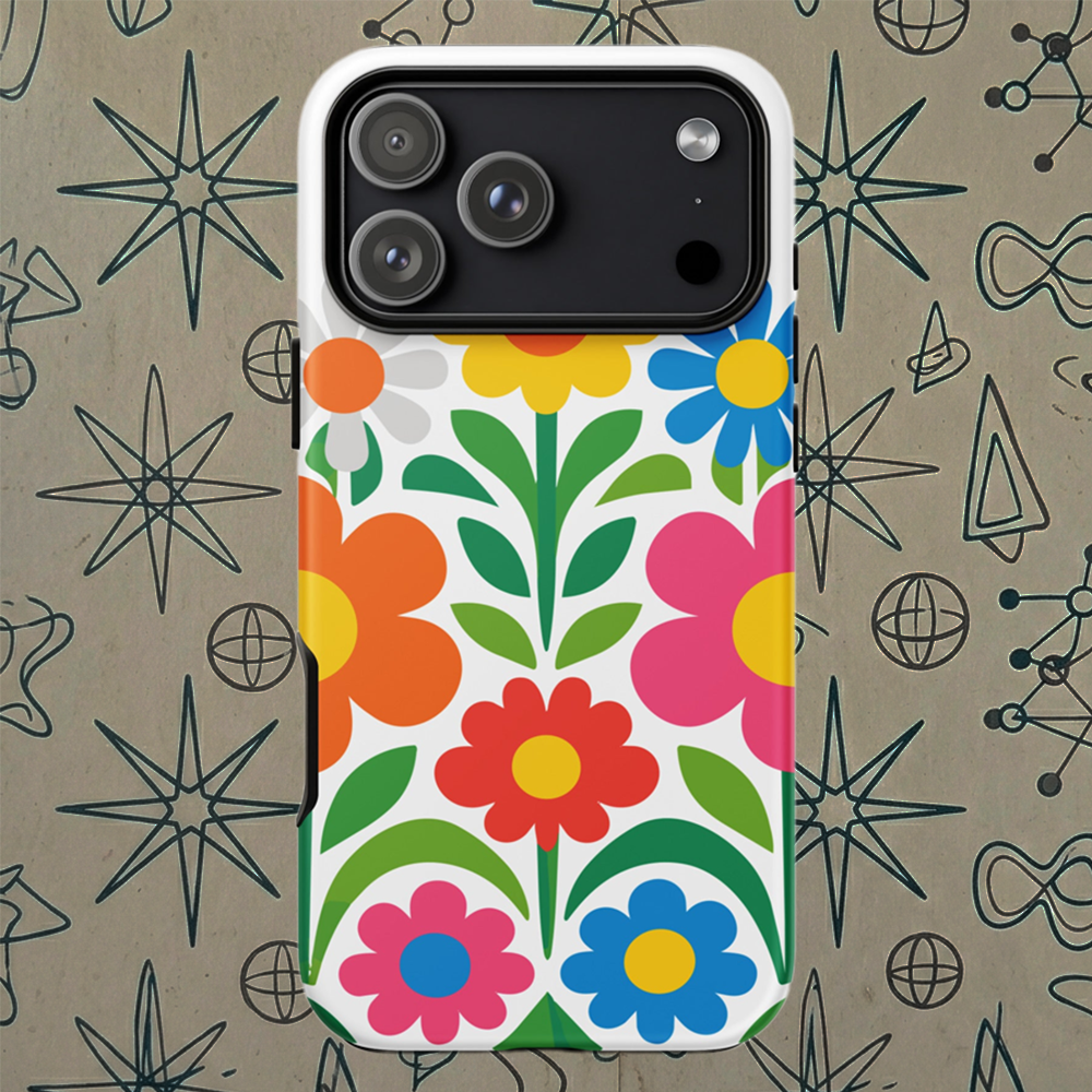 Vibrant 70s style retro flower power design with colorful daisies and hearts on a protective TPU iPhone case.