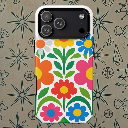 Vibrant 70s style retro flower power design with colorful daisies and hearts on a protective TPU iPhone case.