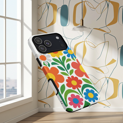 Vibrant 70s style retro flower power design with colorful daisies and hearts on a protective TPU iPhone case.