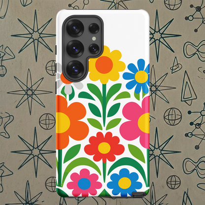 Vibrant 70s style retro flower power design with colorful daisies and hearts on a protective TPU Samsung Galaxy case.