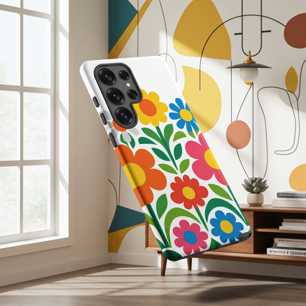 Vibrant 70s style retro flower power design with colorful daisies and hearts on a protective TPU Samsung Galaxy case.
