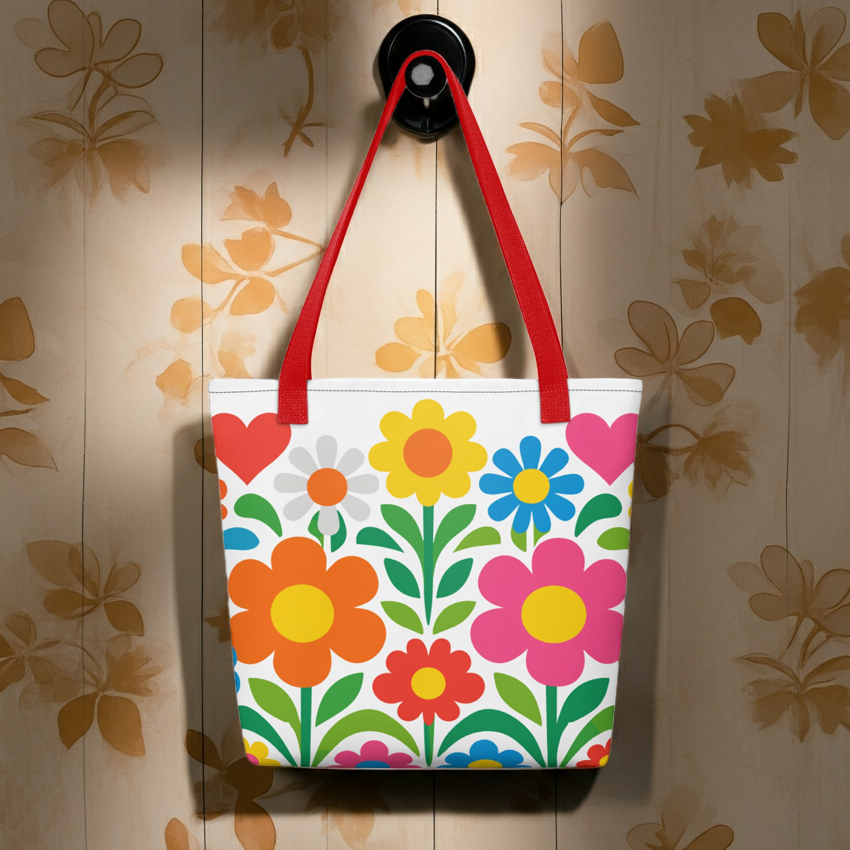 Vibrant 70s style retro flower power design with colorful daisies and hearts printed on a white tote bag. faroutgoods.