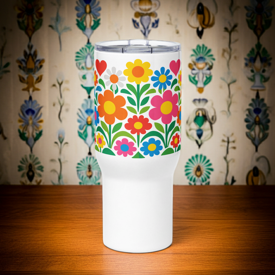 Vibrant 70s style retro flower power design with colorful daisies and hearts on a white stainless steel travel mug. faroutgoods