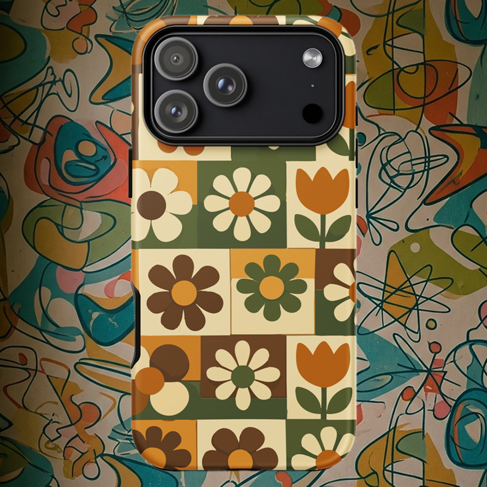 TPU iPhone case featuring a 1970s retro floral tile pattern in orange, brown, and green by Far Out Goods.