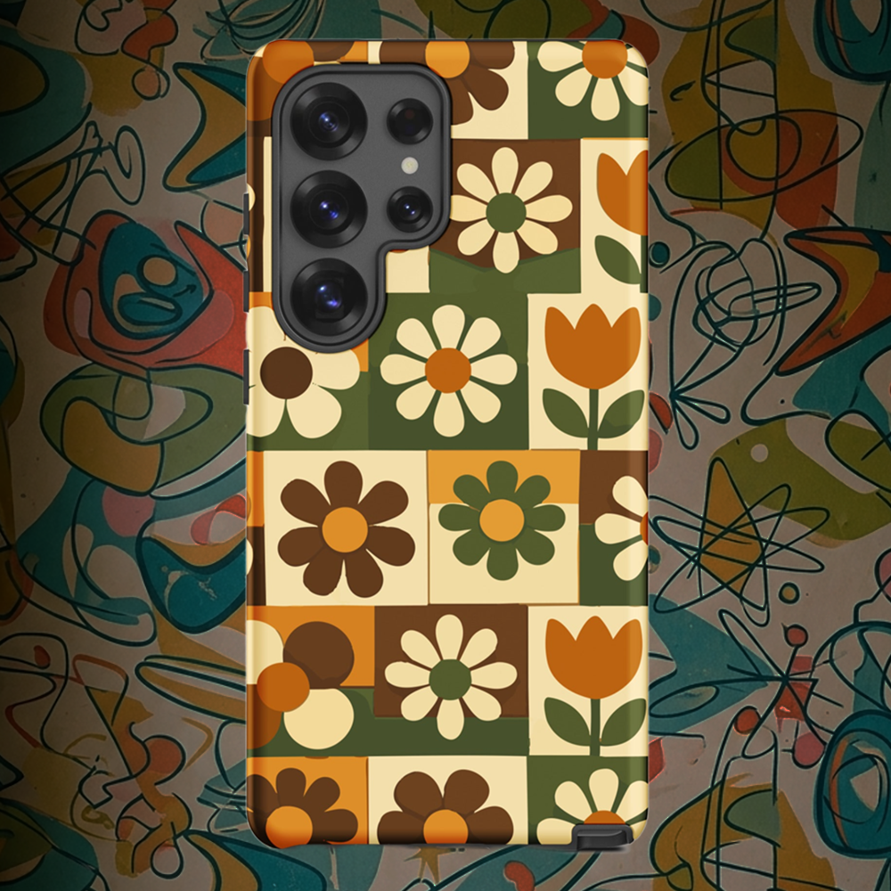 TPU Samsung Galaxy case featuring a 1970s retro floral tile pattern in orange and green by Far Out Goods.