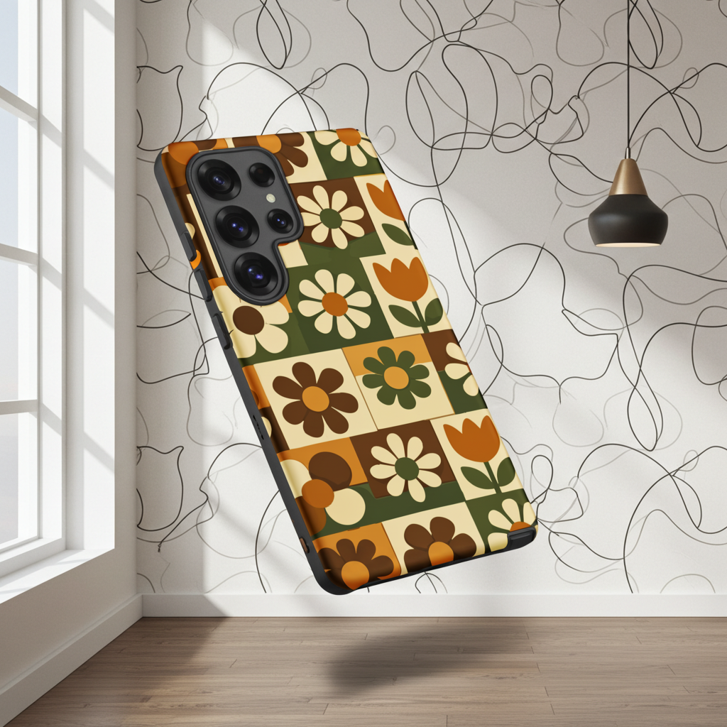 TPU Samsung Galaxy case featuring a 1970s retro floral tile pattern in orange and green by Far Out Goods.