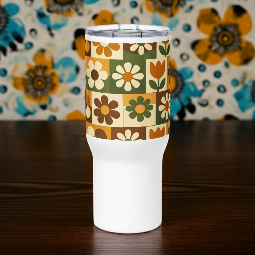 Stainless steel travel mug with a 1970s retro floral grid pattern of groovy flowers in orange, brown, and olive green.