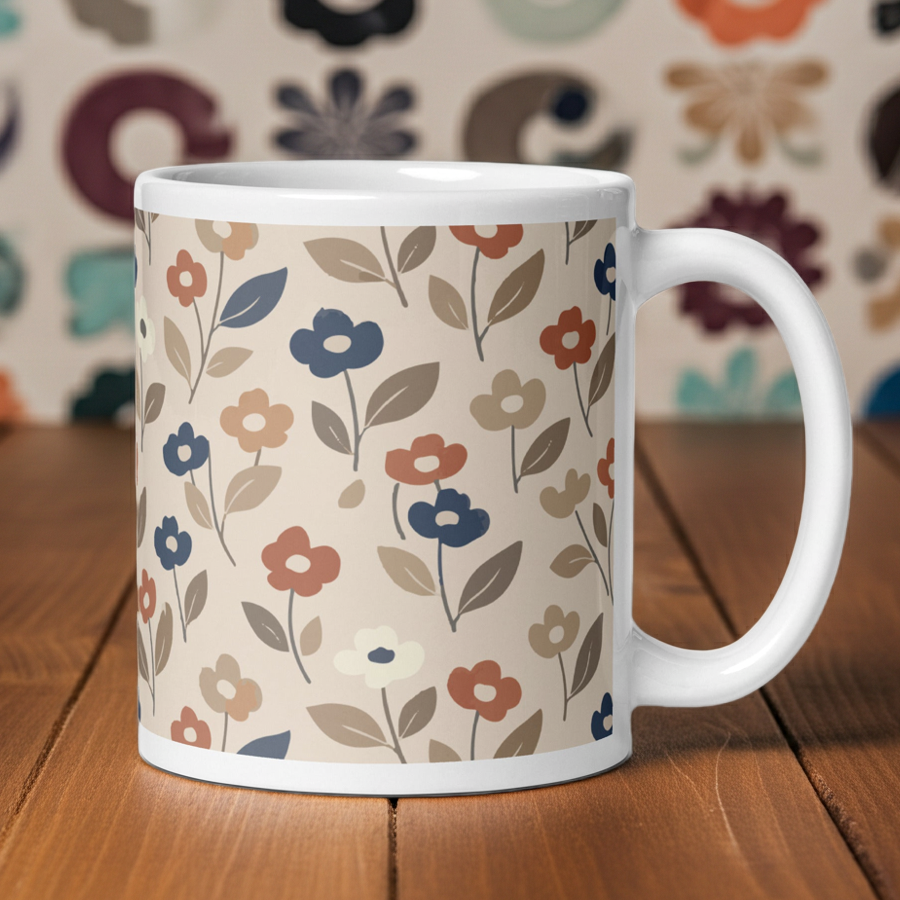 White glossy ceramic coffee mug featuring a vintage 70s floral pattern with muted terracotta, mustard yellow, and sage green flower illustrations.
