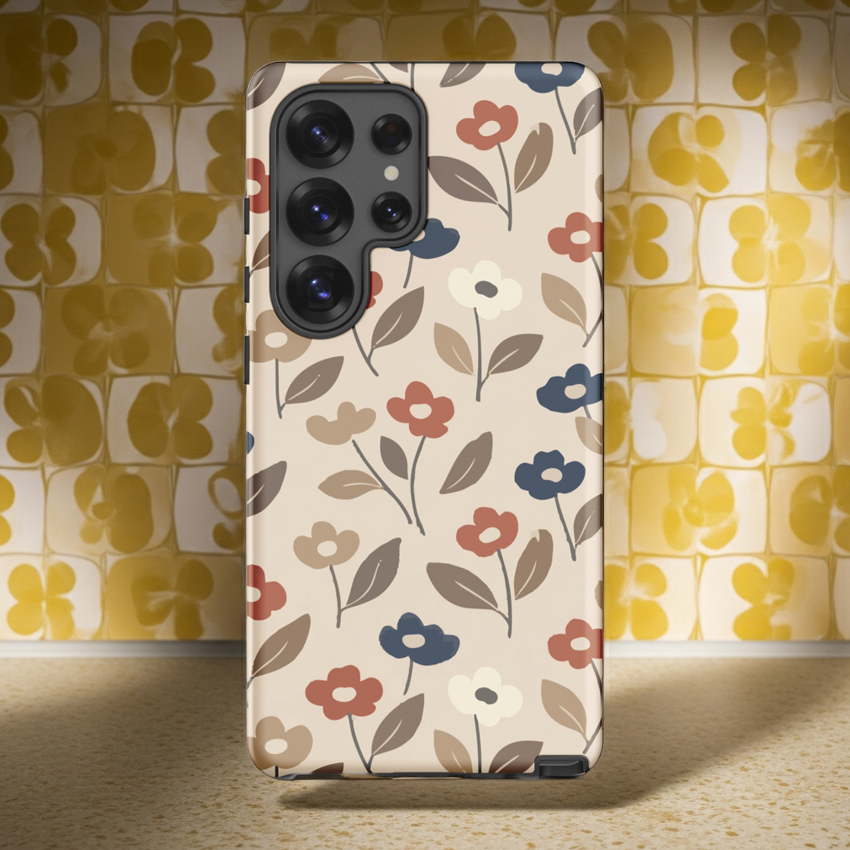 Dual-layer Samsung phone case featuring a retro mod flower pattern with large stylized blossoms in mustard yellow, burnt orange, and cream on a glossy finish.