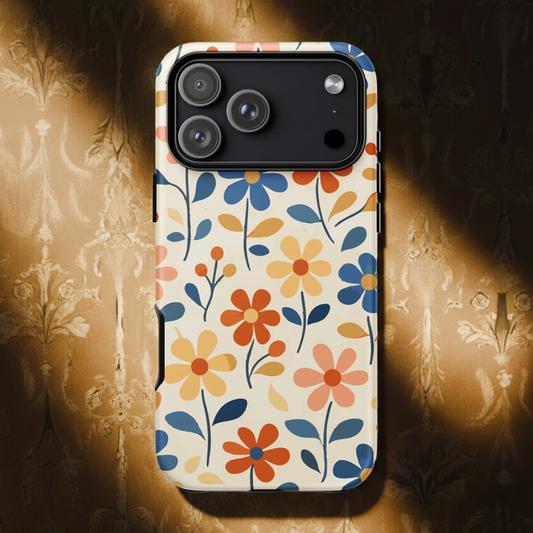 Durable dual-layer iPhone tough case featuring a vintage 70s floral pattern with earthy tones, muted pinks, and orange blossoms on a glossy finish.