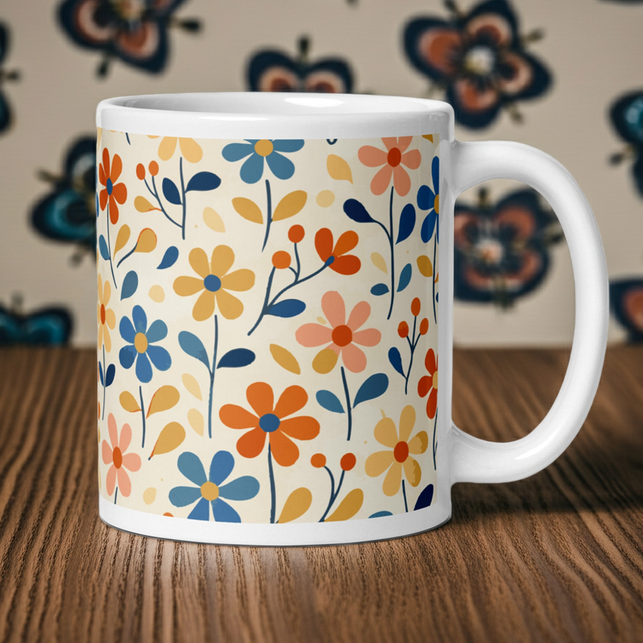 Glossy white ceramic coffee mug featuring a colorful retro 70s-style groovy floral pattern with pink, orange, and yellow flowers.
