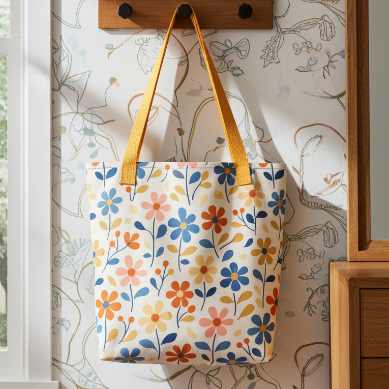Large canvas tote bag featuring a vibrant 70s-style Groovy Retro Bloom floral pattern with pink, orange, and yellow flowers on a white background.