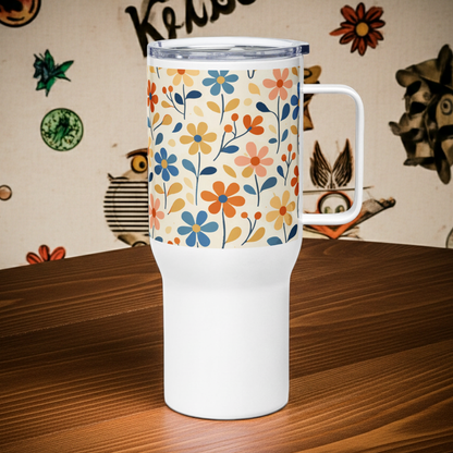 Stainless steel travel mug with a handle featuring a vibrant retro floral pattern in orange, pink, and teal "Groovy Blooms" 70s aesthetic design.