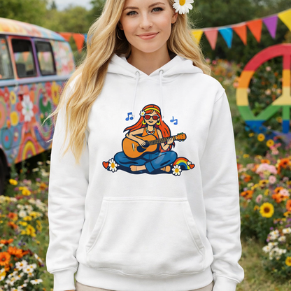 Unisex hoodie featuring a 70s-style illustration of a girl with long hair playing an acoustic guitar, framed by earthy boho flowers and a warm sunburst.