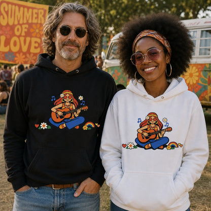 Unisex hoodie featuring a 70s-style illustration of a girl with long hair playing an acoustic guitar, framed by earthy boho flowers and a warm sunburst.