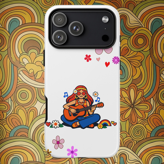 Retro illustration of a hippie girl with sunglasses playing guitar, featured on a protective iPhone case design.