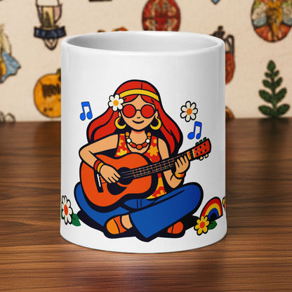 Retro illustration of a hippie girl with sunglasses playing guitar, printed on a ceramic coffee and tea mug.