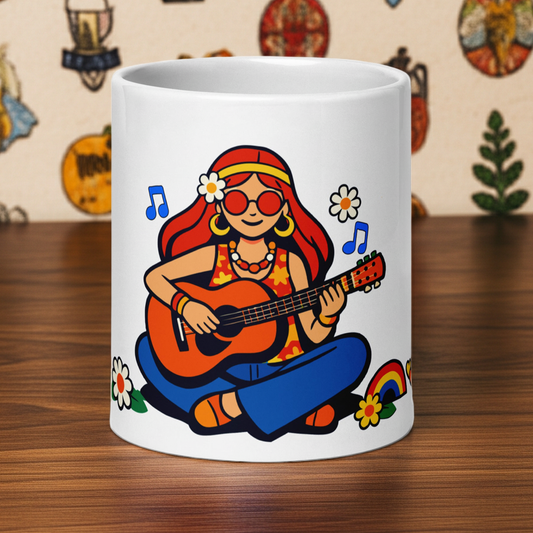 Retro illustration of a hippie girl with sunglasses playing guitar, printed on a ceramic coffee and tea mug.