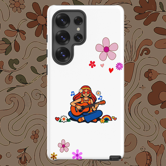 Retro illustration of a hippie girl with sunglasses playing guitar, featured on a protective Samsung Galaxy case design.