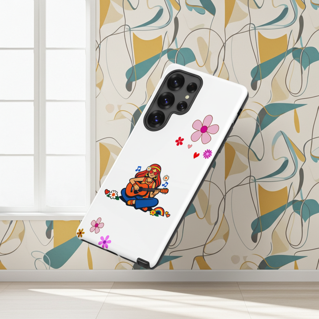 Retro illustration of a hippie girl with sunglasses playing guitar, featured on a protective Samsung Galaxy case design.