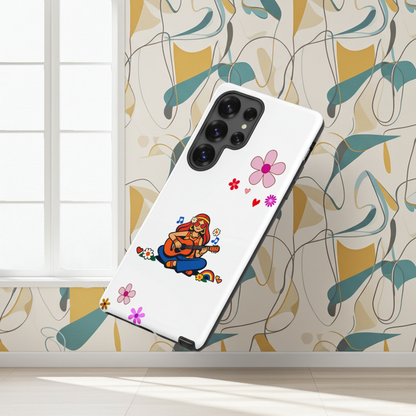 Retro illustration of a hippie girl with sunglasses playing guitar, featured on a protective Samsung Galaxy case design.