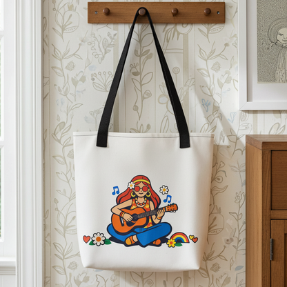 Retro illustration of a hippie girl with round sunglasses playing guitar, surrounded by flowers, on a canvas tote bag.