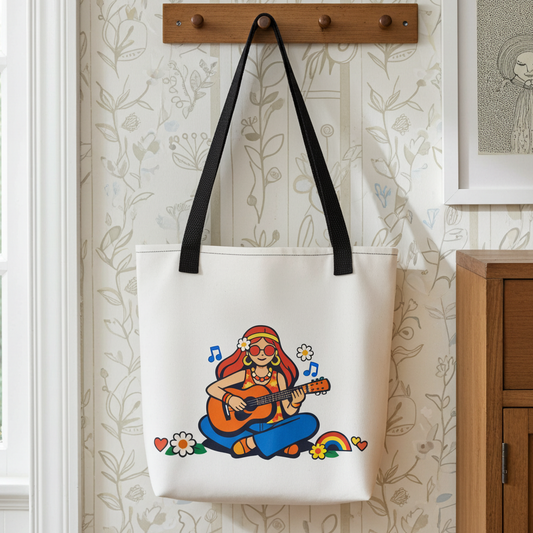 Retro illustration of a hippie girl with round sunglasses playing guitar, surrounded by flowers, on a canvas tote bag.