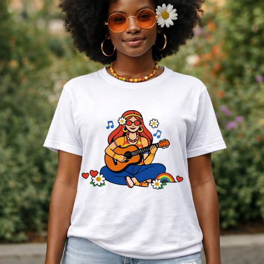 Unisex t-shirt featuring a vintage-style illustration of a girl with long hair playing an acoustic guitar, surrounded by 70s boho floral and sunburst accents.