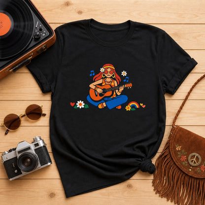Unisex t-shirt featuring a vintage-style illustration of a girl with long hair playing an acoustic guitar, surrounded by 70s boho floral and sunburst accents.