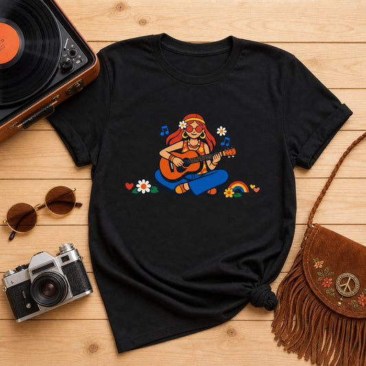Unisex t-shirt featuring a vintage-style illustration of a girl with long hair playing an acoustic guitar, surrounded by 70s boho floral and sunburst accents.