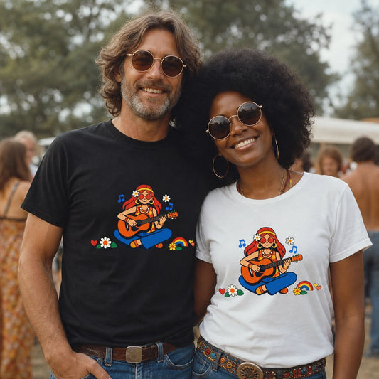 Unisex t-shirt featuring a vintage-style illustration of a girl with long hair playing an acoustic guitar, surrounded by 70s boho floral and sunburst accents.