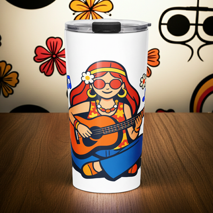 Retro illustration of a hippie girl with sunglasses playing guitar, printed on an insulated stainless steel tumbler.