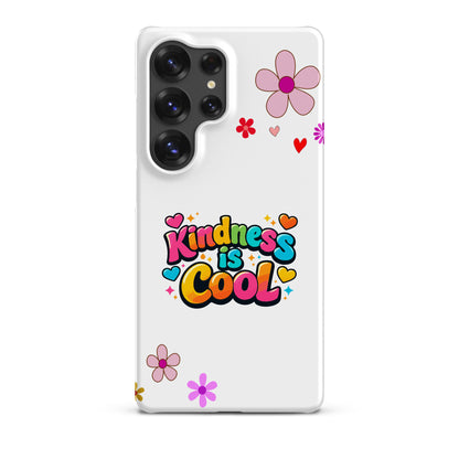 Vibrant "Kindness is Cool" text in colorful bubble letters with hearts on a black Samsung Galaxy phone case.