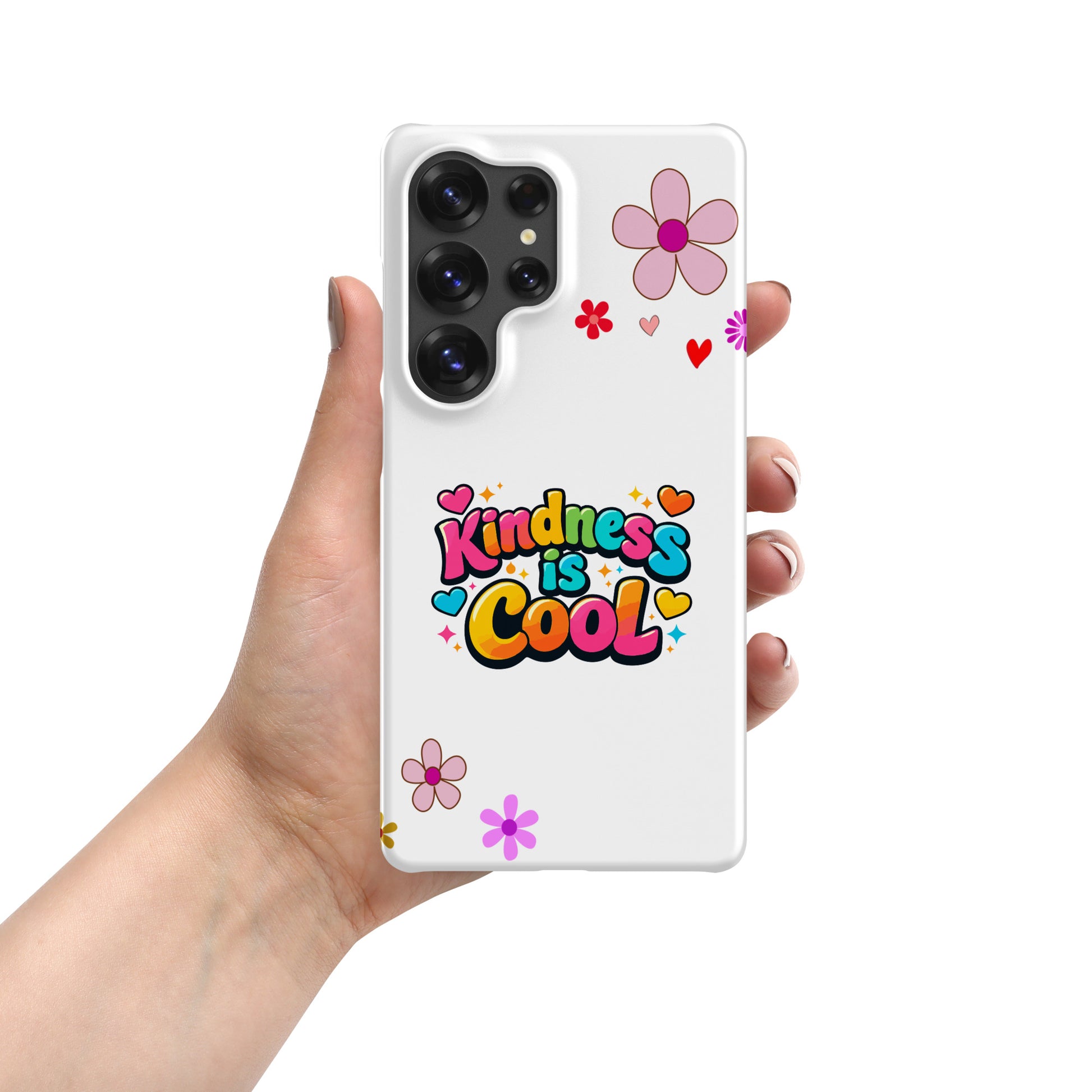 Vibrant "Kindness is Cool" text in colorful bubble letters with hearts on a black Samsung Galaxy phone case.