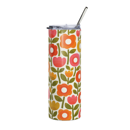 Retro 1970s flower power pattern travel tumbler featuring geometric orange, pink, and yellow flowers with green leaves