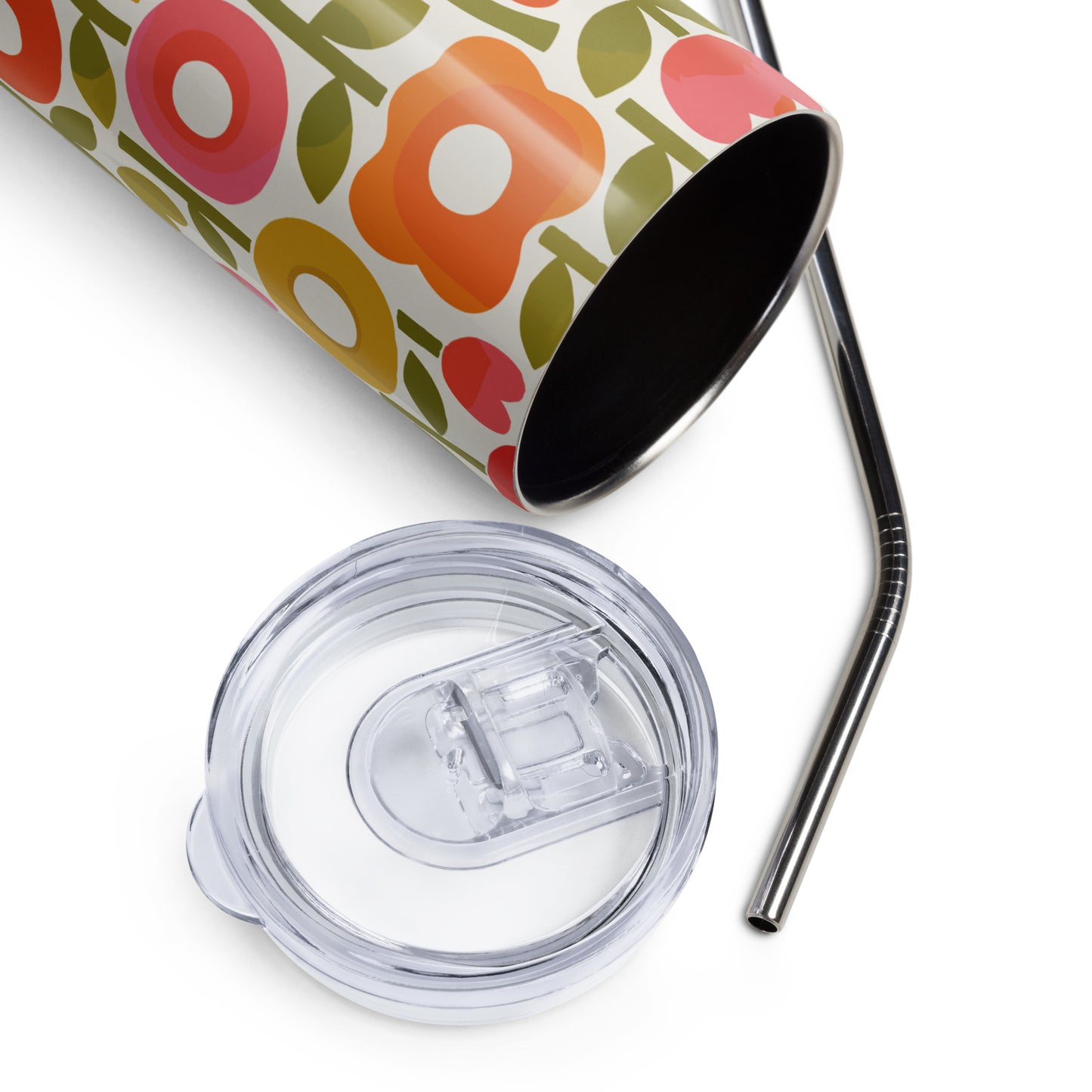 Retro 1970s flower power pattern travel tumbler featuring geometric orange, pink, and yellow flowers with green leaves
