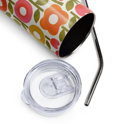Retro 1970s flower power pattern travel tumbler featuring geometric orange, pink, and yellow flowers with green leaves