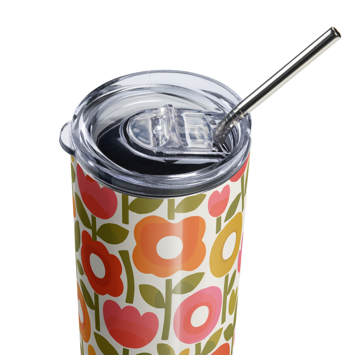 Retro 1970s flower power pattern travel tumbler featuring geometric orange, pink, and yellow flowers with green leaves