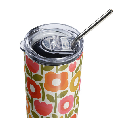 Retro 1970s flower power pattern travel tumbler featuring geometric orange, pink, and yellow flowers with green leaves