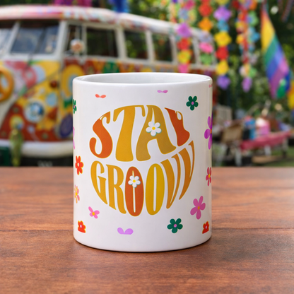 Stay Groovy Retro Floral Pattern - White glossy mug
