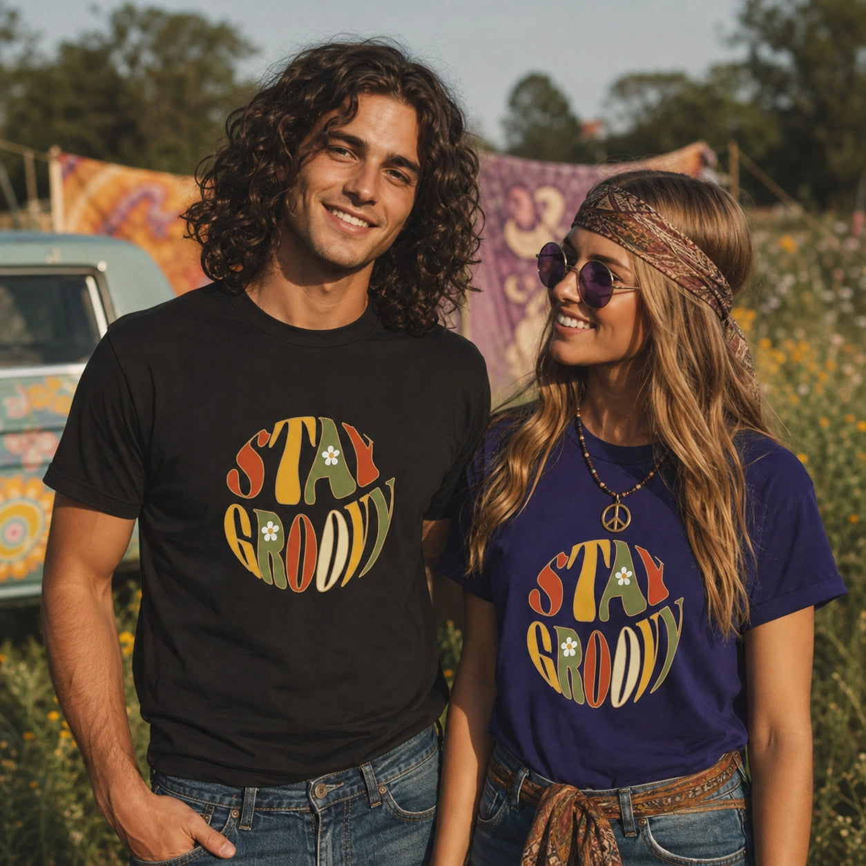 Unisex t-shirt featuring a Stay Groovy retro 70s floral design with vibrant orange and yellow flowers on a premium fabric.